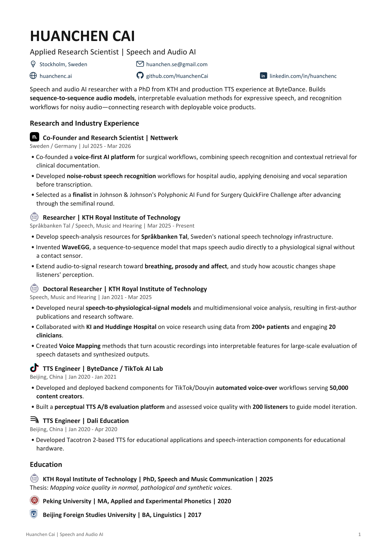 Page 1 of Huanchen Cai's English CV